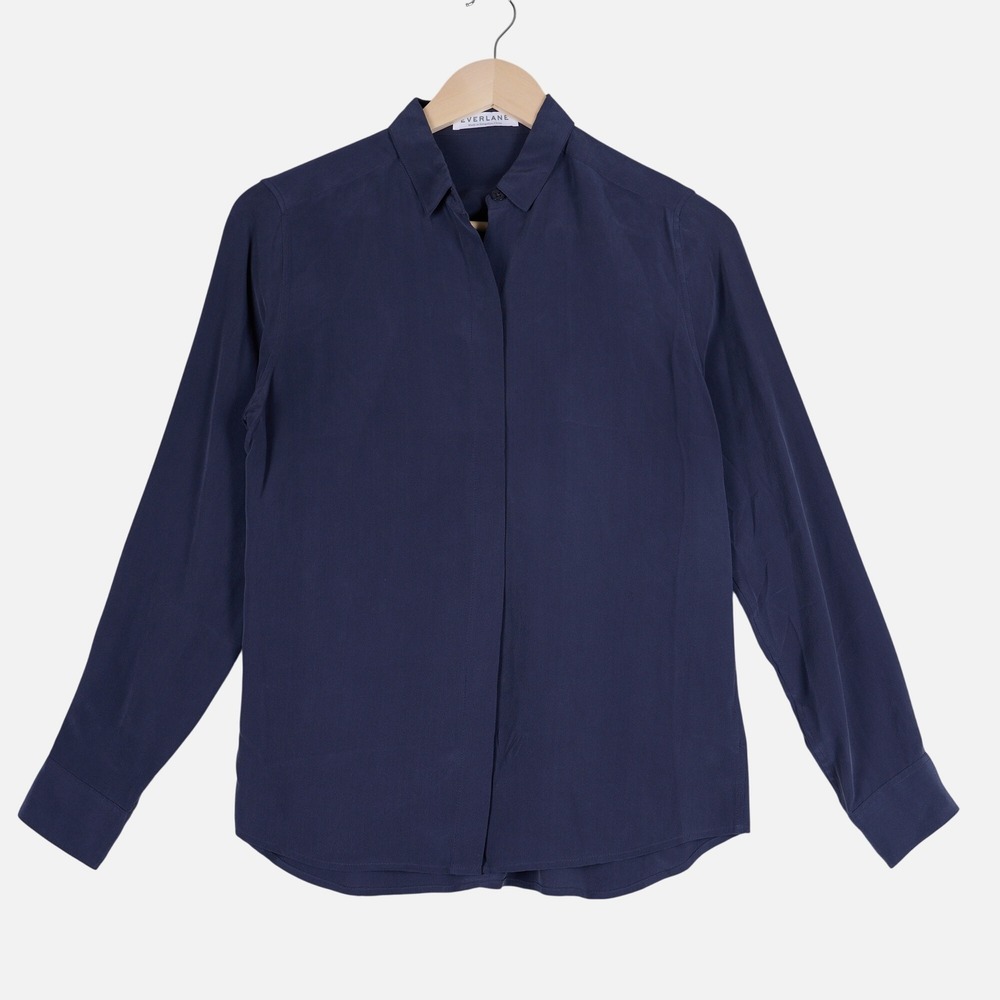 Everlane Clean Silk Relaxed Shirt Navy Blue Long Sleeve Blouse XS Extra Small